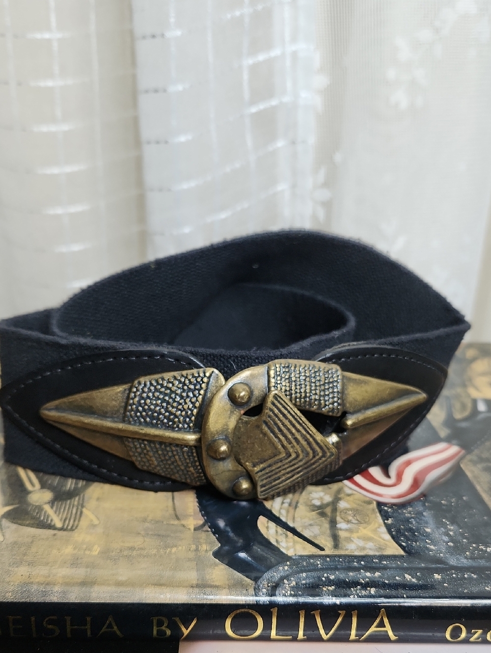 Vintage Omega Brass Arrowhead Clasp Buckle Black Stretch Belt Women's Sz M